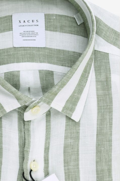 Men's Shirt Xacus Regular Stripe 100% linen collar Italian Long sleeve