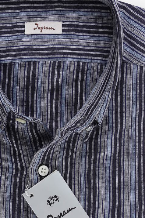 Hemd Herren Ingram Regular Streifen 100% Leinen kragen Button-Down Kurze Ärmel