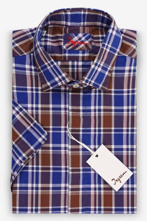 Hemd Herren Ingram Slim Karo 100% Baumwolle kragen Französisch Kurze Ärmel