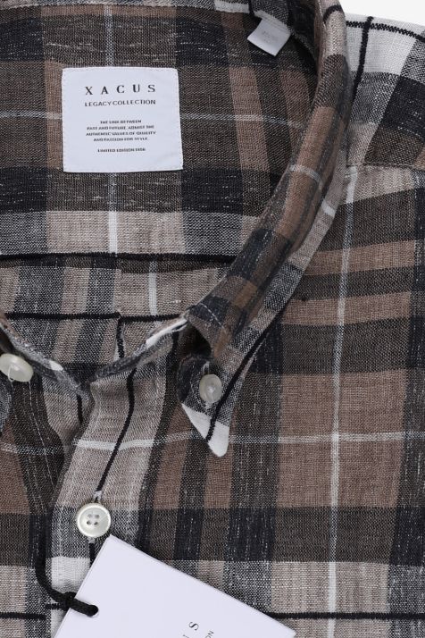 Men's Shirt Xacus Regular Check 97%linen 3% cotton collar Button down Long sleeve