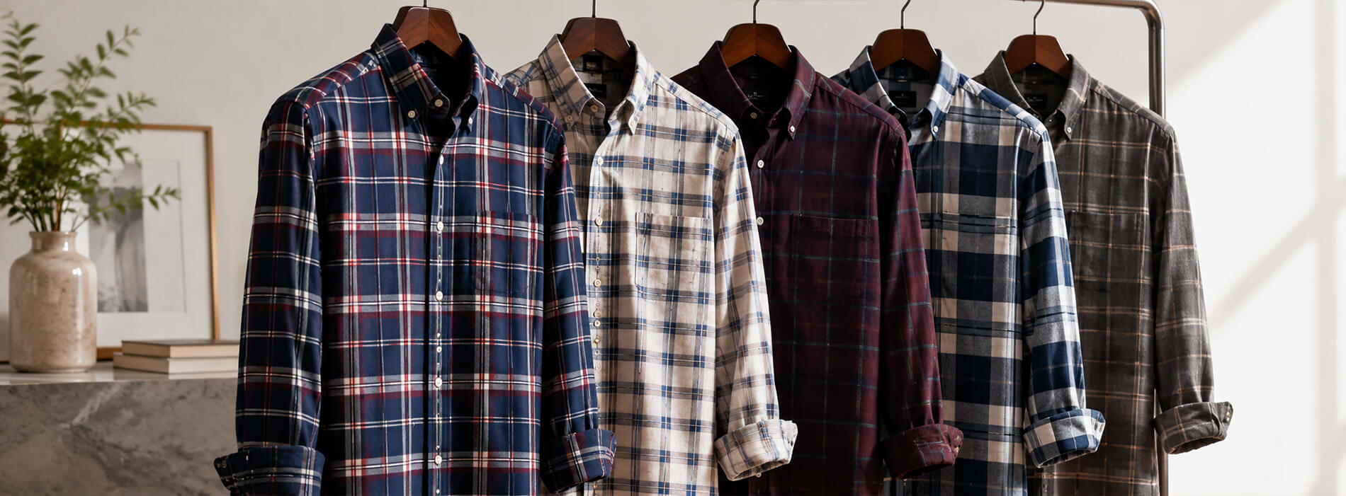 Men wearing checked shirts in different patterns and colours