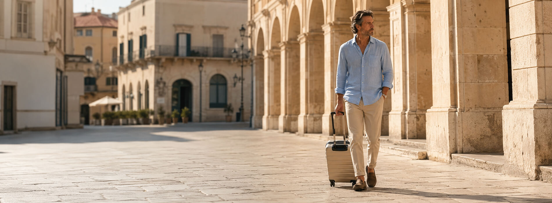 Men's clothes and suitcase prepared for a city break