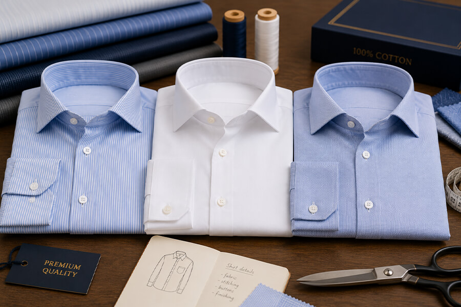 Detalle de tejido, botones y costuras de una camisa de hombre para evaluar su valor