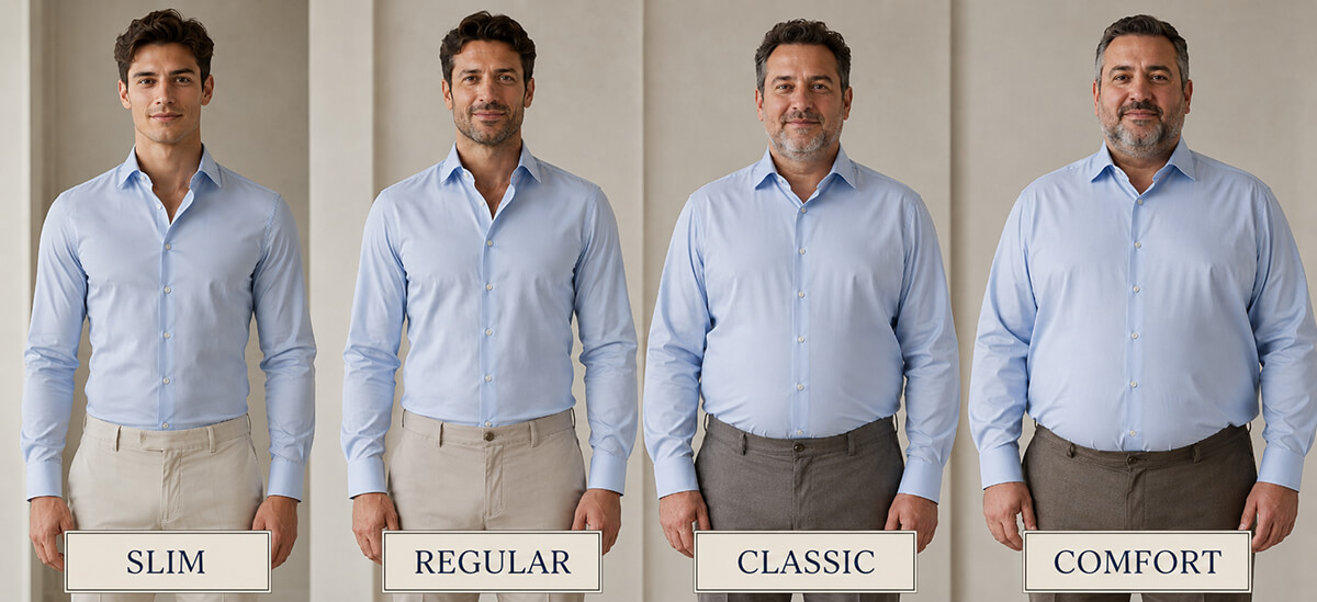 Comparison of Slim, Regular, Classic and Comfort men's shirt fits